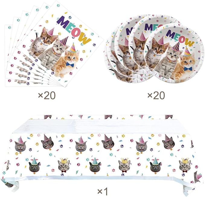Cat Party Supplies Tableware ,20 Plates and 20 Napkins and Tablecloth71 '' x 42 '',Kids Cat Birthday Theme Party Decorate Supplies
