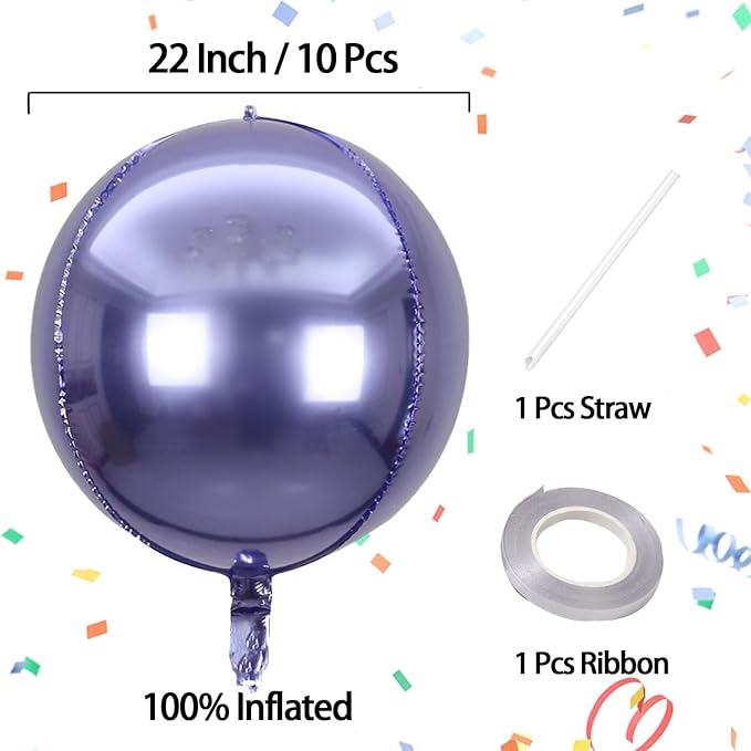 KALOR 22 Inch Purple Mylar Balloons, 10 Pcs Large 4D Giant Round Foil Balloon Big Mirror Metallic Balloons for Birthday Party Baby Shower Gender Reveal Supplies