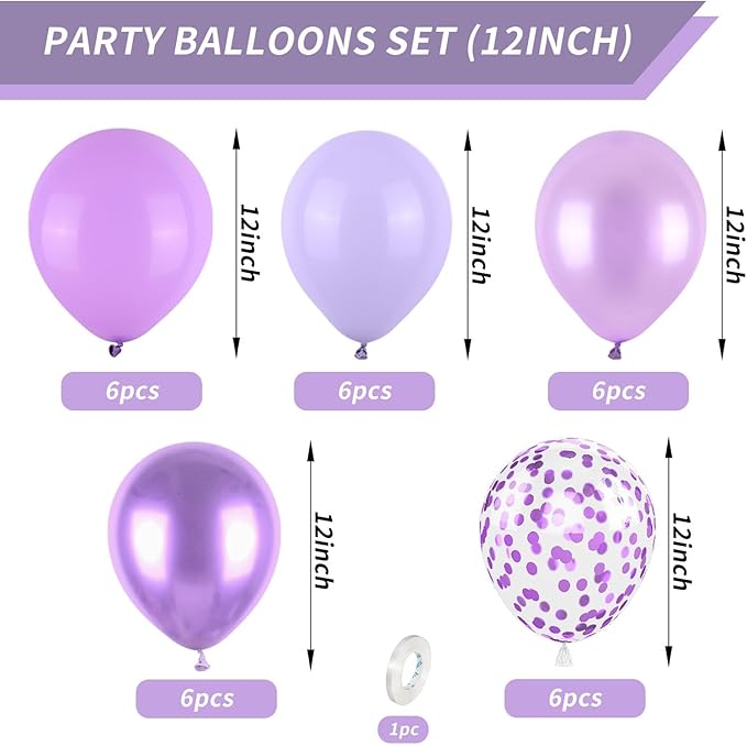 Biapian Purple Party Balloons Set, 12inch Lavender Balloon Pastel Purple-Lilac Ballons Metallic Confetti Purple Balloons For Girls Birthday Baby Shower Bridal Wedding Party Decorations