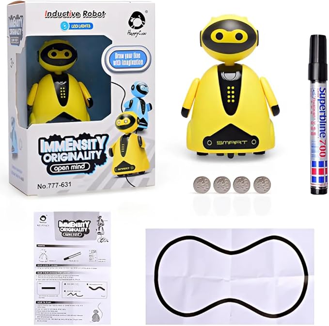 Mini Magic Inductive Robot Toy Tracer Bot Interactive STEM Toy Follow Black Line with LED Light Educational Toys for Kids (Yellow)