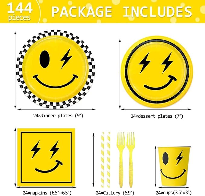 Yellow Smile Face Themed Party Decorations Supplies Happy Smile Face Themed Party Tableware Set Include Plates, Cups, Napkins,Cutlery and Straw for Baby Shower, Birthday Party Decorations Serves 24