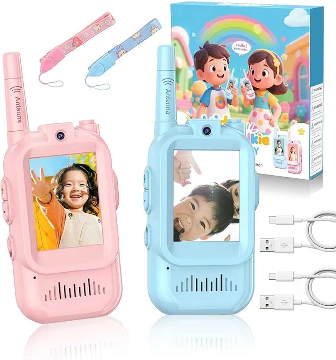 Video Walkie Talkies for Kids, 2 Pack, 400meter Long Range Rechargeable，Voice Changer ，HDCamera, for Outdoor Backyard Camping Games, Toy Gift for Boys Girls Ages 3-10，Pink+Blue (Pink+Bule)
