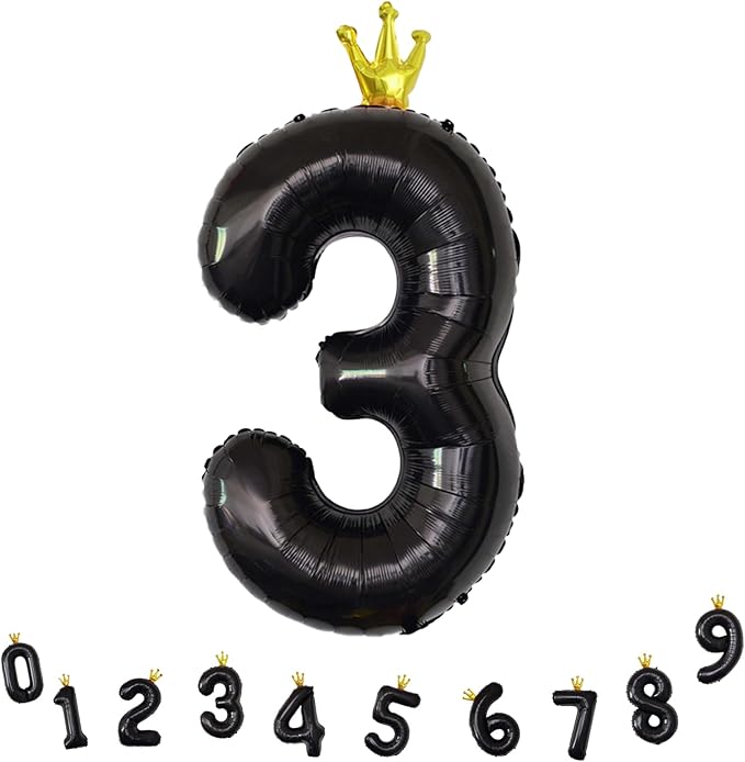 3rd Birthday Number Balloons for Girls, 40 Inch Black Foil Number Balloons, Large Crown Number Balloons 0-9 Set for Boys 30th Birthday Party Decor Anniversary Decoration Supplies