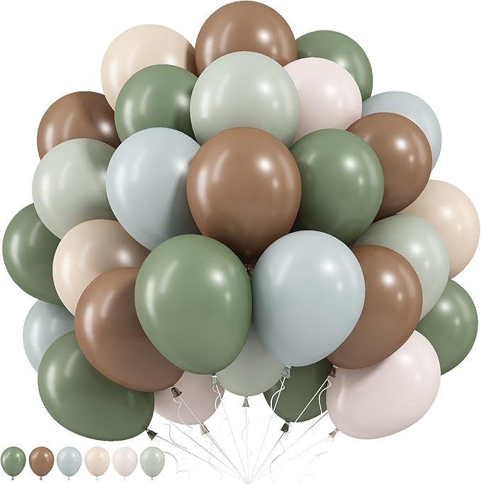 Woodland Balloons, 12 Inch Sage Green Brown and Sand White Balloon Double Stuffed Blue Balloon for Woodland Safari Jungle Forest Wild One Baby Shower Birthday Party Decorations