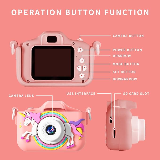 Kids Camera, Rainbow Design, 2.0 Inch LCD Screen, with 64GB Memory Card, Girls Toy