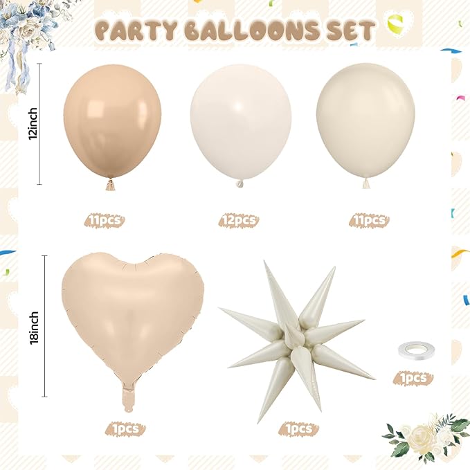 Netural Balloons, 12Inch Double Stuffed Beige Cream Tan Balloons Blush White Sand Boho Balloon with Star Balloon for Netural Gender Reveal Bridal Birthday Wedding Party Decorations