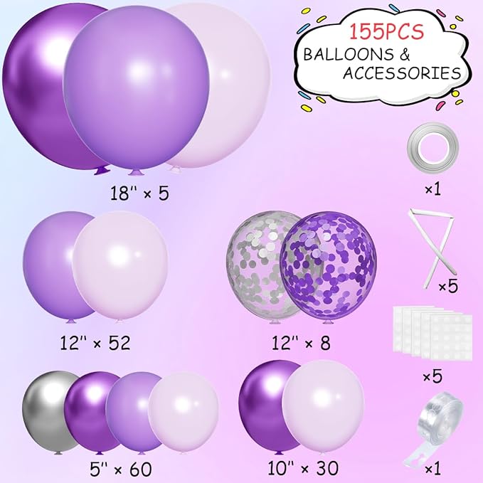 Purple and Silver Balloon Garland Arch Kit, 155Pcs Lavender Pastel Purple Lilac and Silver Confetti Balloons for Girls Women Wedding Birthday Baby Shower Graduation Party