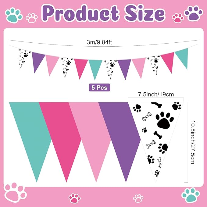 Tiamon 5 Pcs Blue and Pink Dog Paw Birthday Banner Decoration Purple and Puppy Paw Print Pennant Bunting 49.2 Ft Puppy Print Triangle Flag for Boy and Girl Birthday Dog Baby Showers Party Decoration