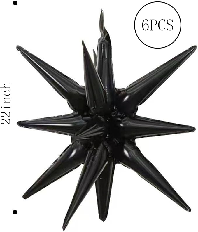 6 Pcs Black Star Foil Balloons One-Piece 14-Pointed Star Balloon 4D Cone Mylar 22inch Christmas Birthday Wedding Fireworks Shape Party Supplies (Black)