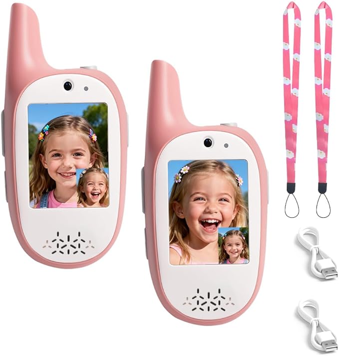 Walkie Talkies for Kids, 2 Pack 720P Video Walkie Talkies for Kids Rechargeable Long Range Video Walkie Talkies, Toys Gifts for Family, Camping, Hiking for Boys Girls Ages 3-12 (Pink+Pink)