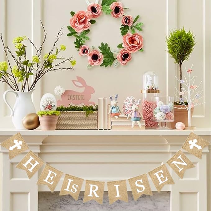 He is Risen Banner, Easter Decorations Natural Burlap Garland Religious Bunting Party Supplies Spring Holiday Celebration for Christian Resurrection Photo Props Church Egg Hunt Events