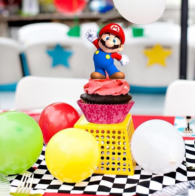 25Pcs Mario Cake Decorations with 24pcs Cupcake Toppers, 1pcs Big Cake Topper for Mario Birthday Party Supplies