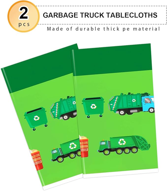 PHOGARY 2 Pack Garbage Truck Tablecloths for Garbage Truck Birthday Party Supplies, Trash Truck Party Table Cover Disposable Plastic Rectangle Table Cloth for Kids Birthday Baby Shower 51" X 86"