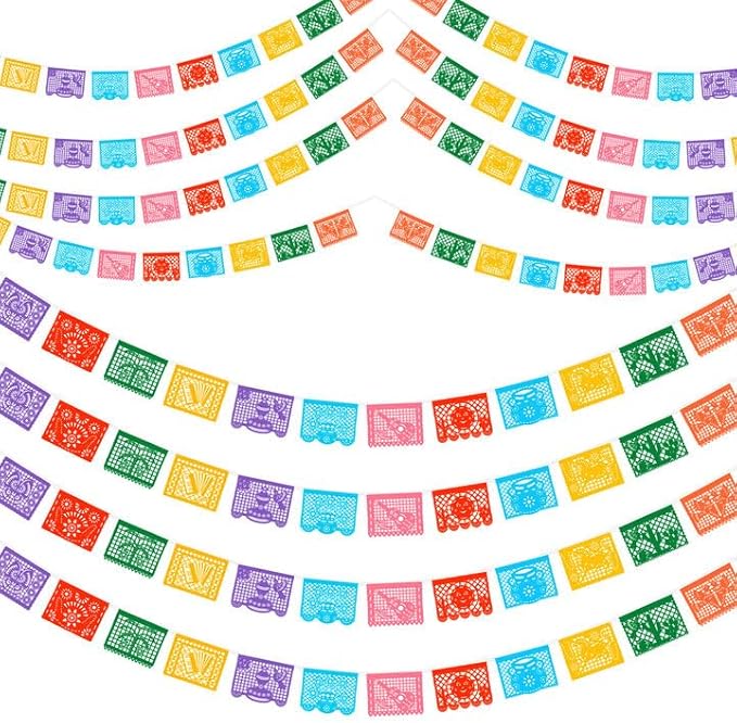 12 Packs Mexican Banners 264 Ft Papel Picado Banner, Large Plastic Mexican Fiesta Banners Cinco de Mayo Party Fiesta Decorations Mexican Themed Birthday Party Supplies 12 Patterns with String