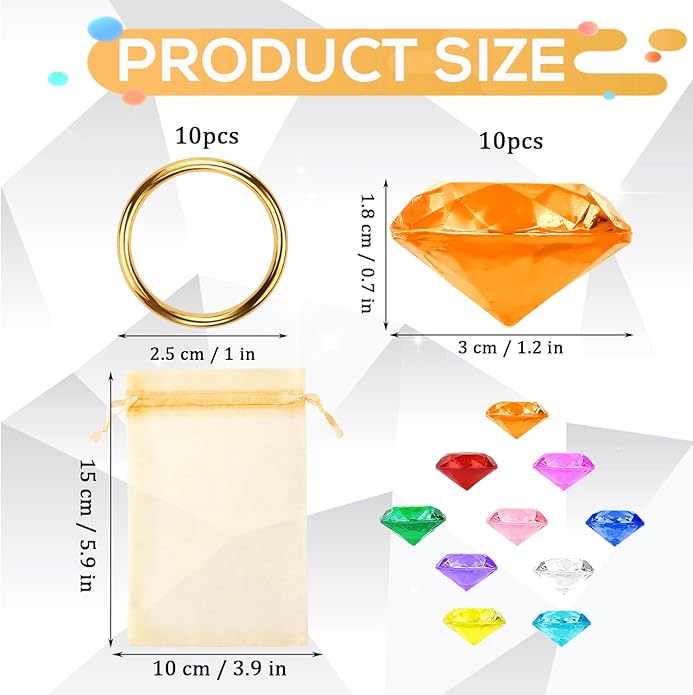 Chaos Emeralds and Rings Set, Include 10pcs Acrylic Crystal Diamond Gems with 10pcs Gold Power Rings Pirate Treasure Hunt Jewels for Kids Birthday Party Favor Supplies Cake Decoration