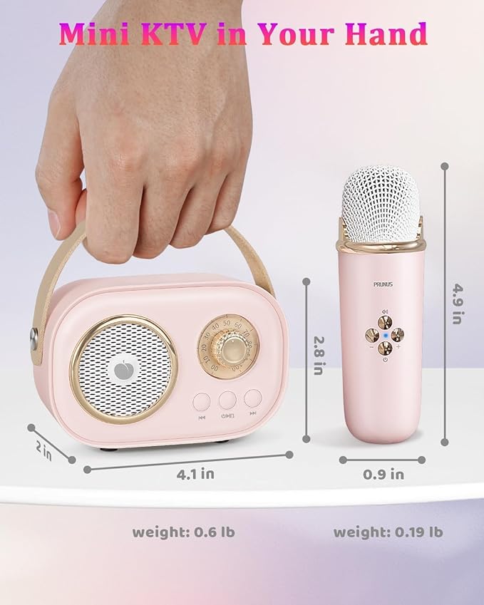 PRUNUS C20 Mini Karaoke Machine,Valentines Day Gifts for Her Him Kids Mens,Portable Bluetooth Speaker with 2 Wireless Microphone for Boys Girls 3-12+ Years Old Birthday Party Pink