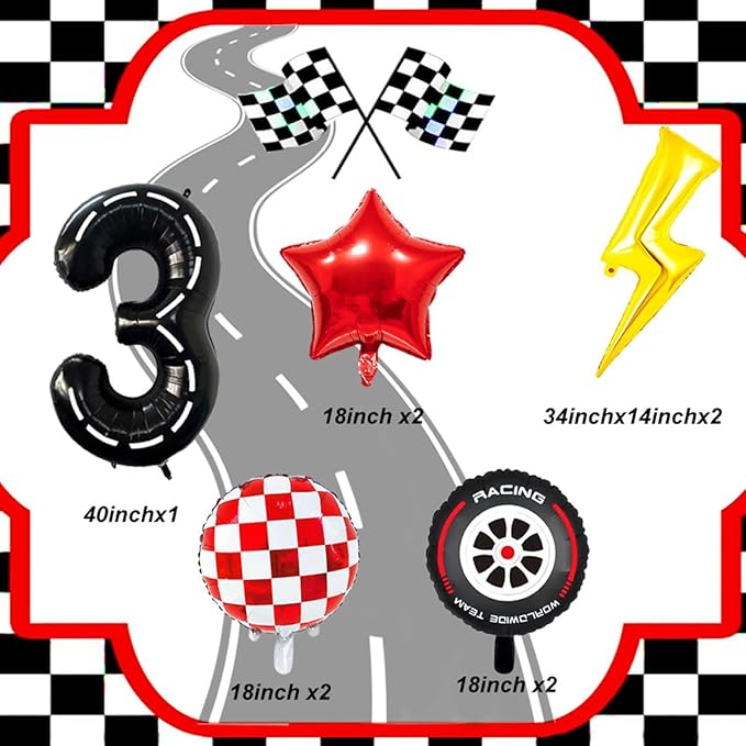 Cartoon Race Car Birthday Party Decorations Large Lightning Bolt Foil Balloons Race Car Balloons 40 Inch Racetrack Number 3 Balloon for Boys 3rd Cars Themed Birthday Party Decor Supplies