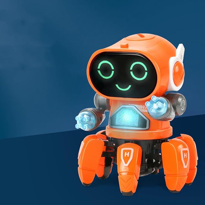 Light Six Claw Robot Toy, Flexible Moving Dance Music Shake Robot Toy with Clear Sound Quality (Orange)