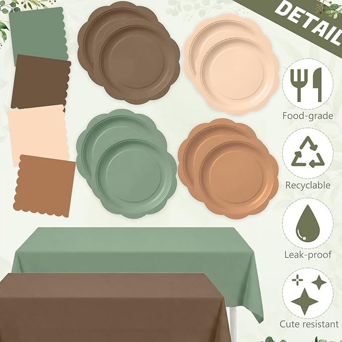 LemonRoad 100 Pcs Woodland Baby Shower Decorations, Sage Green Brown Forest Paper Plates Napkins Plastic Tablecloth Set for 24, Forest Animal 7" & 9" Scalloped Plates for Safari Jungle Party Supplies