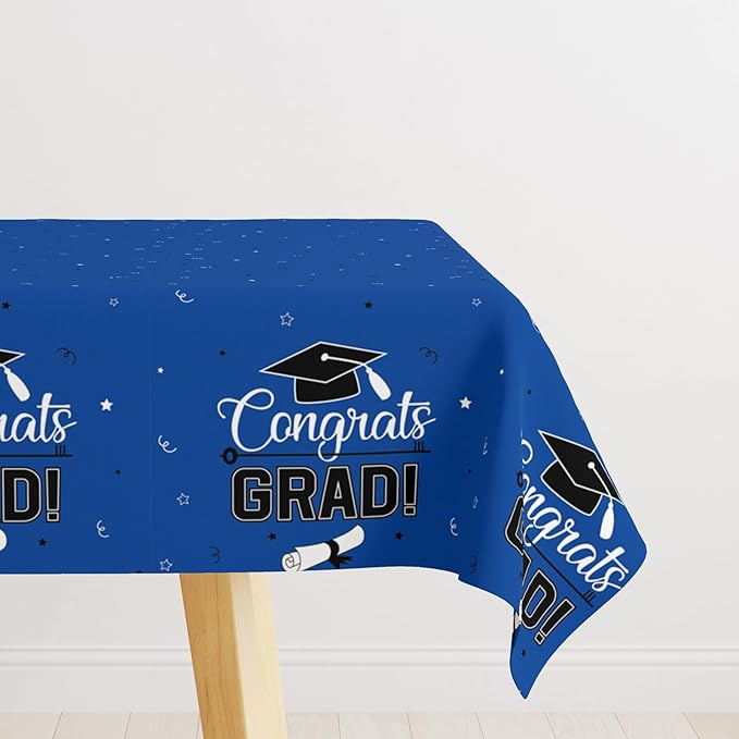 Graduation Tablecloth 2 Pack, 54 x 108 Inch Plastic Tablecloths, Congrats Grad Table Cover, Blue Graduation Party Decorations for Class of 2026, Disposable Rectangle Tablecloth