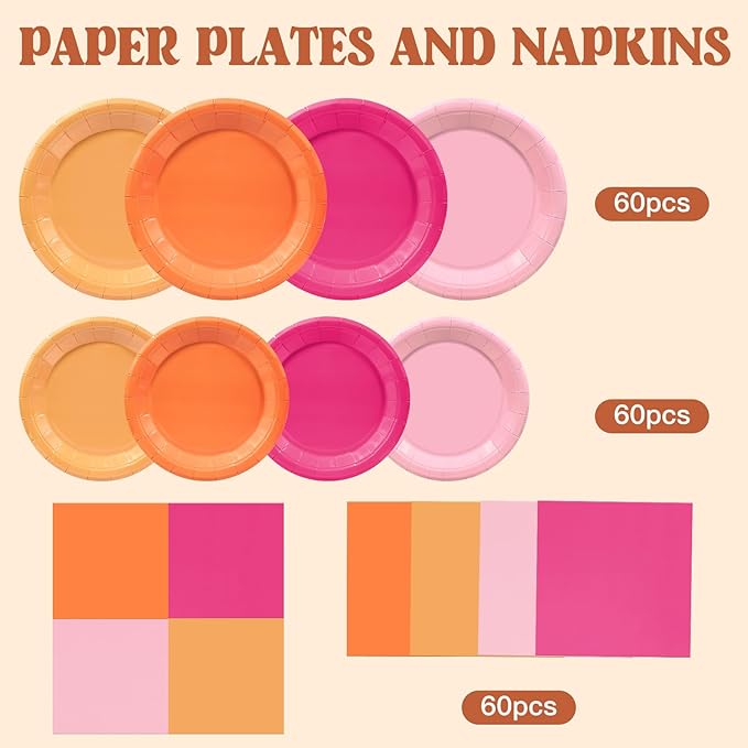 Pink and Orange Party Decorations,180pcs Sunset Tropical Pink Orange Plates and Napkins Tableware Sets for Birthday,Baby Shower, Bachelorette Party,Serves 60