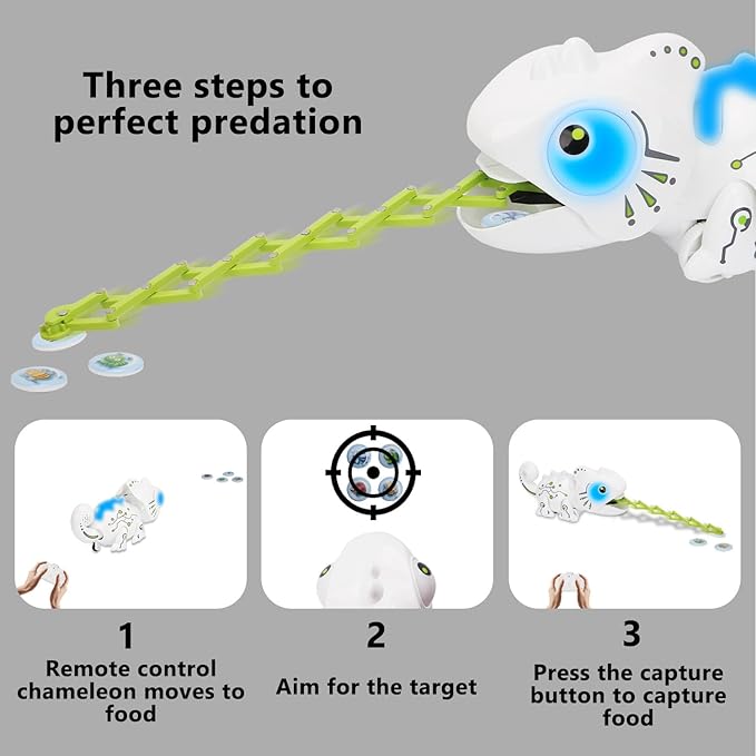 Interactive Remote Control Chameleon Simulation Toy for Kids - 2.4GHz RC Reptile with 5 Sound Effects, 12 Color Lights, Extending Tongue & Wagging Tail, Children Aged 3-12 Discovery Toys (White)
