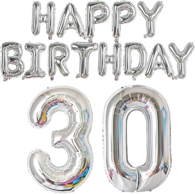 Happy Birthday Balloon Banner 40 inch 30 Balloon Number 16 Inch Happy Birthday Letters Balloons Silver Foil Mylar Balloons for Women and Man 30th Birthday Decorations Party Supplies