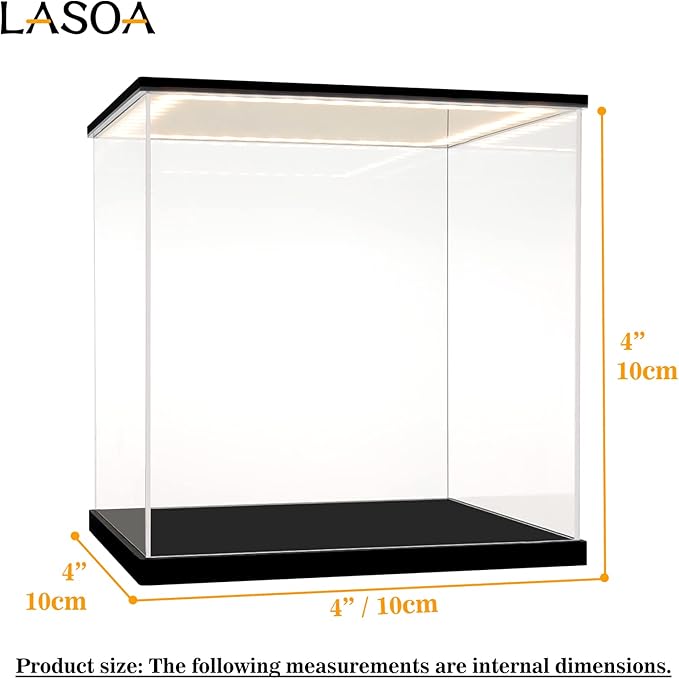 LASOA Acrylic Display Case for Collectibles with LED Light, Alternative Glass Display Box with Black Base and Lid, Self-Assembly Clear Storage Showcase for Figurine Memorabilia (4x4x4inch;10x10x10cm)