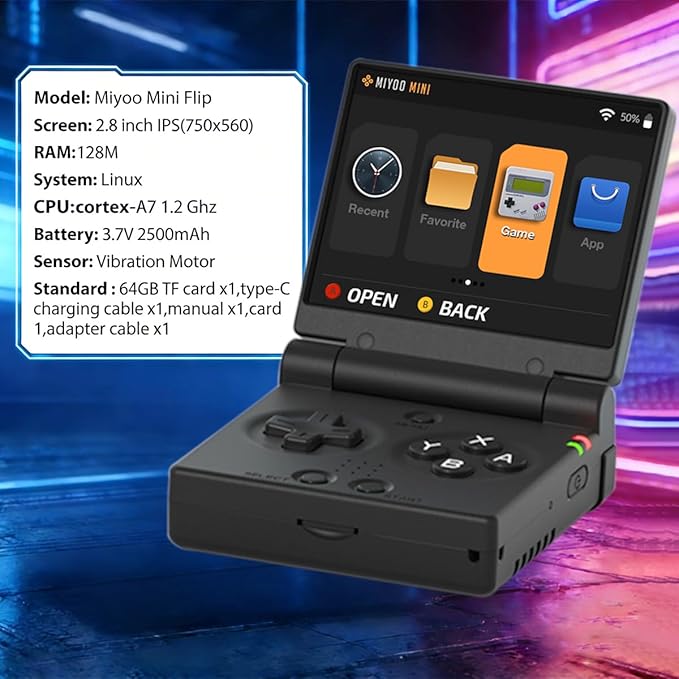 Miyoo Mini Flip Handheld Game Console 2.8-inch 750*560 IPS Screen 2500mAh Miyoo-mini Flip Clamshell Retro Games Consoles OnionOS-64GB Black
