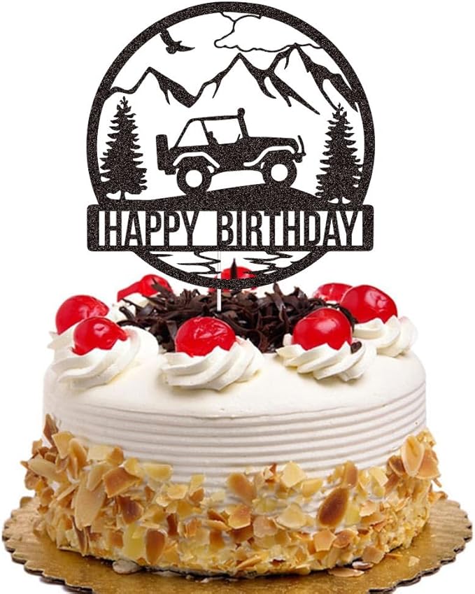 Off-road Vehicle Happy Birthday Cake Topper for Boys Men' Birthday Party Supplies, SUV Jeep Drivers Adventure Themed Cake Topper, Black Glitter