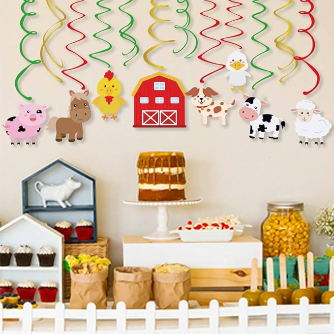 30Pcs Farm Animal Hanging Swirl Decorations Farm Animal Theme Ceiling Whirl Hanging Decorations Barnyard Party Supplies Barn Yard Ceiling Swirls for Zoo Farmhouse Theme Birthday Party Decor