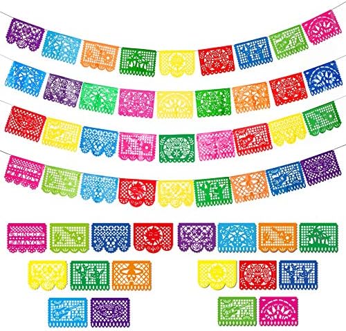 Boao 4 Packs 60 Feet Cinco De Mayo Party Decorations Mexican Banner Fiesta Plastic Papel Picado Banner Garland Dia De Los Muertos Day of The Dead Hanging Decor Mexican Fiesta Birthday Party Supplies