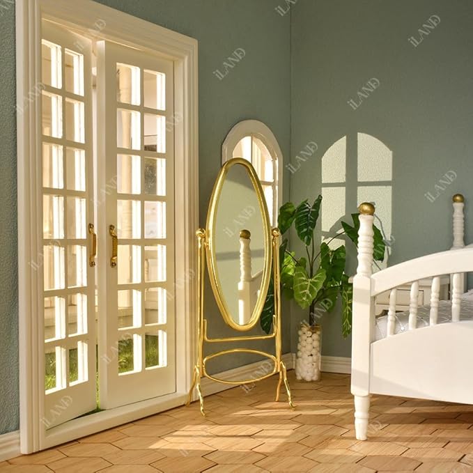 iLAND Dollhouse Furniture and Accessories on 1:12 Scale, Miniature Coat Rack & Full Mirror (Golden Color)