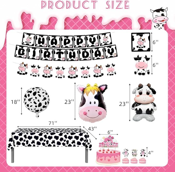 Bluegogo 120PCS Cow Birthday Party Decorations, Cow Print Birthday Decorations Include Pink Cow Balloon Garland Arch Tablecloth Banner Toppers Balloons for Cow Themed Birthday Party Supplies