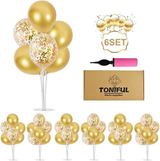 TONIFUL 6 Balloon Centerpieces with Gold Balloon Stand Kit for 2026 Graduation,Anniversary,Table Party Decorations,30th 40th 50th 60th 70th 80th 90th 100th Birthday Decorations New Years 2026