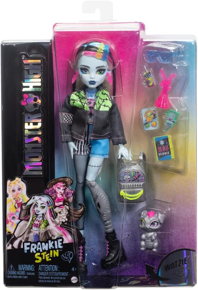 Monster High Frankie Stein Doll in Denim Jacket and Shorts, Includes Pet Dog Watzie and Accessories Like a Backpack, Snack and Notebook