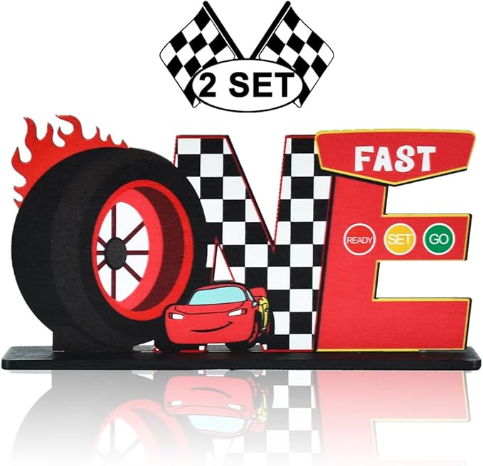 TONIFUL Race Car ONE Letter Sign Table Centerpieces Fast One Birthday Decorations for Boys,Cars 1st Birthday Decorations for One Year Old Birthday Favors Party Baby Shower Photo Booth Props(2 Set)