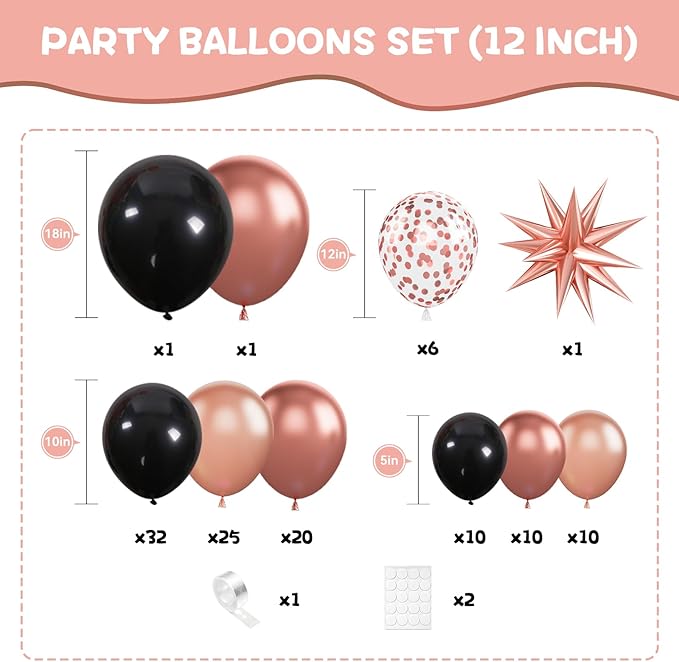 Rose Gold Black Balloons Garland Kit, 120Pcs Metallic Rose Gold Black Confetti Balloons Arch with 4D Star Foil Balloons for Wedding, Birthday, Graduation, Baby Shower Party Decoration