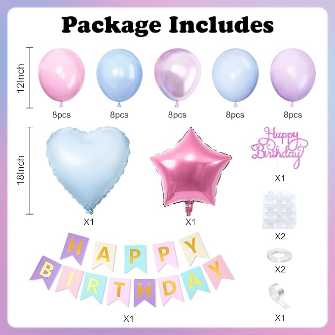 Pink Purple Blue Birthday Decorations,Pastel Balloon Decor Happy Birthday Banner Cake Topper Star Heart Foil Balloon for Girl Baby Shower Gender Reveal Party