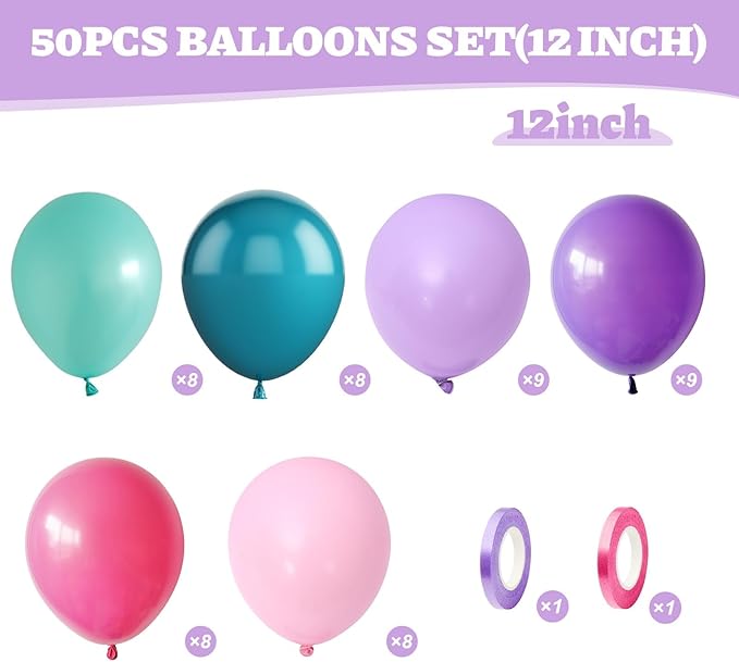 Pink Blue Purple Balloons, 50Pcs 12 Inches Hot Pink Retro Purple Blue Balloons for Girls Birthday Magic Theme Party Decorations Baby Shower Engagement Backdrop Party Supplies