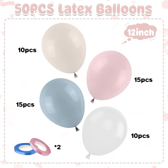 Dusty Pink Blue Balloons, 50PCS 12Inch Gender Reveal Balloon Set with Mist Blue Pink Sand White Transparent balloon for Boy or Girl Gender Reveal Baby Shower Wedding Party Decoration