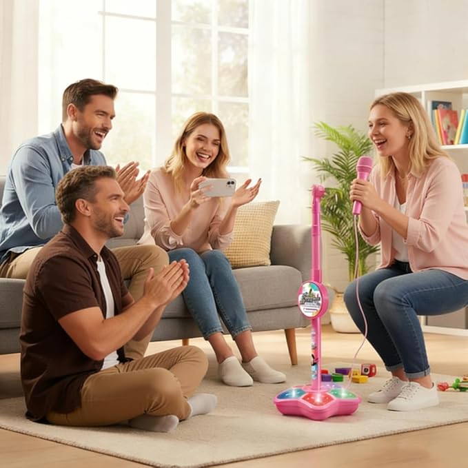 Karaoke Star Machine with Light, 2026 Upgrade Star Microphone with Stand, All in One Funny Karaoke Microphones with Adjustable Stand for All Ages, Birthday Gifts (not Included adeapter Cable) (Pink)