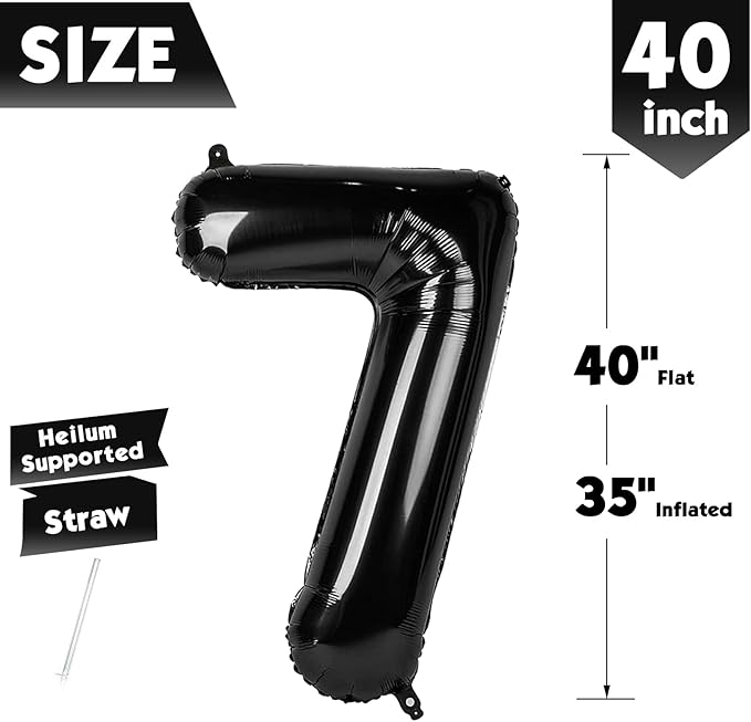40 Inch Black Number 7 Balloon, Giant 7 Number Balloons for 7th Birthday Decorations, Party Supplies for Baby Boy Girl, Black Party Decor
