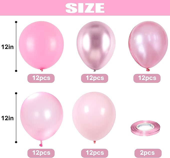 Pink Balloons Set, 60 Packs 12 Inch Metallic Chrome Pink Pearl Macaron Light Pink Different Shades Balloons for Girl Women Birthday Decorations, Wedding, Christening, Baby Shower Party