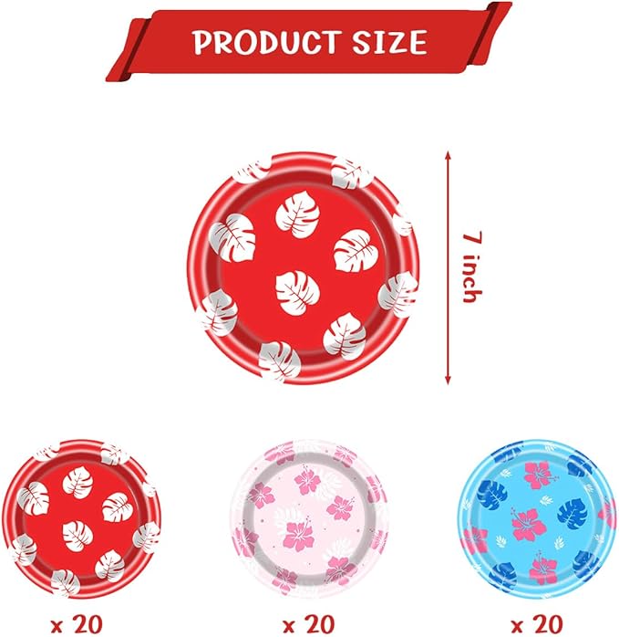 60 Hawaiian Party Paper Plates, Tropical Cartoon Floral Party Supplies, Hibiscus Tableware, 7-inch Hawaiian-style Dessert Plates, Suitable for Summer Beach Pool Birthday Party Decorations