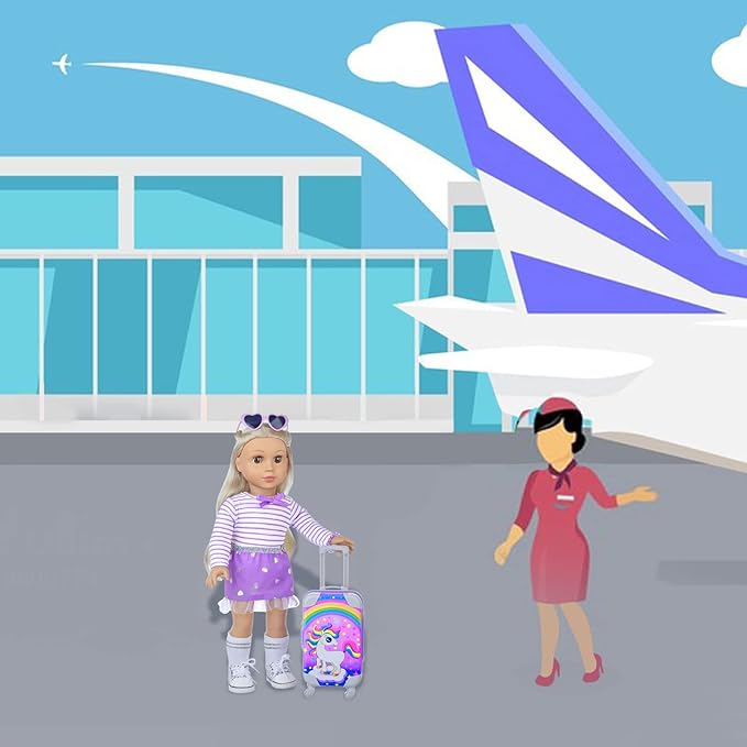 DONTNO 29 Pcs American Doll Clothes & Accessories, Cute Travel Play Set for 18 Inch Doll - Purple Clothes Suit, Unicorn Suitcase, Handbag, Lipstick, Camera, Sunglasses