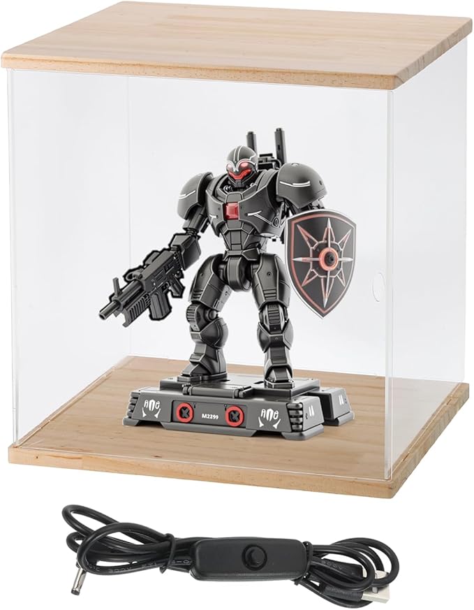 MECCANIXITY Clear Display Case, Acrylic Figure Display Case Clear Display Boxes for Collectibles, Figures Model Toys Home Storage(with Square LED Light, 10x10x15 Inch Wood Base)