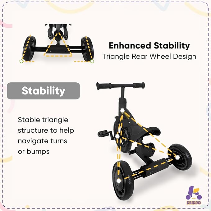 KRIDDO 4-in-1 Kids Tricycle for 1.5 to 3 Yea Old with Parent Steering Push Handle, 12 Inch Front Wheel Trike, Toddler Balance Bike for Boys Girls 18 Month to 3 Years, Adjustable Height, Black