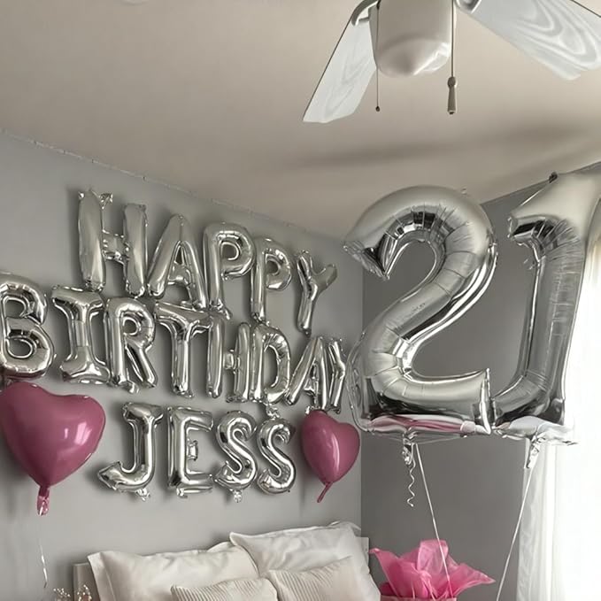 Happy Birthday Balloon Banner 40 inch 21 or 12 Balloon Number 16 Inch Happy Birthday Letters Balloons Silver Foil Mylar Balloons for 21st 12th Birthday Decorations Party Supplies