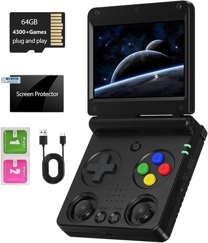 Anbernic RG34XXSP Foldable Retro Handheld Game Console , 3.4 Inch IPS Screen Linux System Built-in 64G TF Card 5000+ Games Handheld Emulator Support 5G WiFi Bluetooth TV Output(Black)